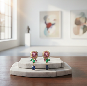 Colorful Gemstone <b>Earrings</b> Pink Oct Blue Hydro Green CZ 925 Sterling Silver Gold Plated <b>Small</b> <b>Earring</b> Ethnic Jewellery - Product Image 3