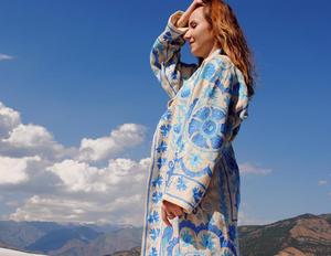 Sexy Blue White Natural Cotton Silk Suzani Embroidered <b>Women</b> Light Coat Kaftan <b>Wedding</b> Robe Boho Chic Beach <b>Jacket</b> - Product Image 1