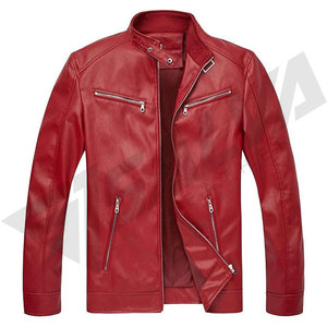 Men's Red Leather Moto <b>Jacket</b> Stand Collar Zipper Closure Slim Fit Autumn Regular Sleeve Solid Color - Product Image 2
