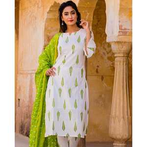 Ensemble de kurta décontracté blanc à motifs de feuilles, taille XS, tissu crêpe - Product Image 4