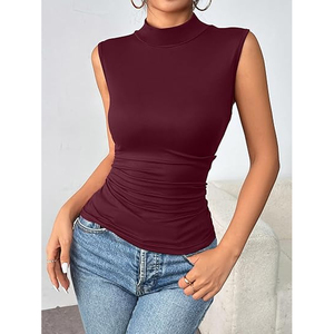 Débardeur à col roulé sans manches pour femme, coupe ajustée, extensible, en spandex/polyester, couleur unie élégante, vêtement décontracté tendance - Product Image 5