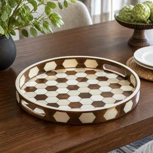 Plateau de service rond élégant en bois d'acacia fait main avec incrustation de nacre, idéal pour la maison, la nourriture, le chocolat, la décoration, fabriqué en Inde - Product Image 6