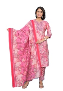 Kurta de muselina tradicional para mujer con conjunto de pantalón y Dupatta, vestido con estampado paisajístico de Color rosa para ocasiones casuales y de fiesta - Product Image 2