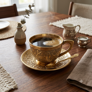 Juego de taza y platillo de latón tallado a mano, estilo antiguo, con relieve, para café turco o árabe, ideal para hoteles de lujo, venta al por mayor. - Product Image 3