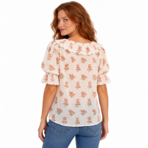 Blusa con estampado floral para mujer, cuello en V, cuello con volantes, manga abullonada, lazo frontal, top informal de verano - Product Image 5