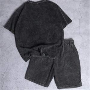 Ensemble deux pièces haut de gamme en coton épais, t-shirt et short, style streetwear délavé, coupe ample, imprimé personnalisé, vêtements pour hommes - Product Image 1