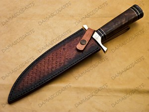 Herramienta de corte multiusos para exteriores de acero de Damasco hecha a mano OEM con mango de madera natural y resina negra, funda de cuero genuino - Product Image 4