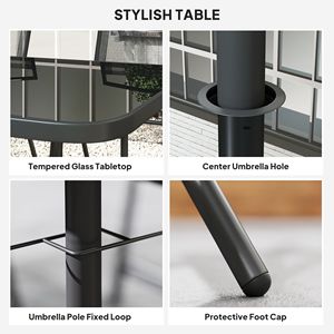 Set da 8 Pezzi per Arredamento da Esterno: Tavolo Rettangolare Nero con Ombrellone, 6 Sedie Pieghevoli e Seduta in Rete - Product Image 4
