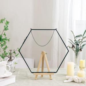 Luxury Hexagon Metal <b>Mirror</b> Frame <b>Tabletop</b> Display Stand With Wooden Base Horizontal Orientation - Product Image 1
