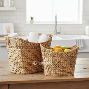 ตะกร้าเก็บของสานมือจากวัสดุธรรมชาติ ลายหวาย พร้อมหูหิ้ว สำหรับใช้ในบ้านและซักผ้า - Product Image 3