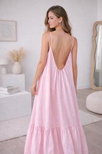 Robe longue rose à fines bretelles, coupe ample, ourlet à volants, en coton, décontractée, pour l'été - Product Image 2