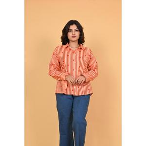 Chemisier pour femme à rayures orange et blanches avec imprimé cœur, en coton, boutonné, à manches longues, style décontracté, haut mignon style Saint-Valentin - Product Image 6