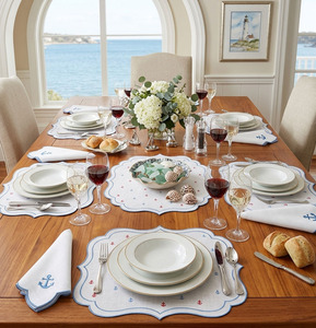 Custom Classic Luxury Washable Reuse Embroidery Anchor <b>Placemats</b> Napkins Sets 100% Linen Blue Edge Mats Home Wedding Events - Product Image 4