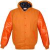 Custom Men Orange Hooded Varsity <b>Jacket</b> With Orange <b>Leather</b> Sleeve Letterman <b>Jacket</b> - Product Image 1