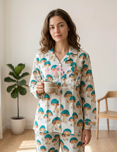 Handmade 100% Cotton Summer Mushroom Print Women's Full-Sleeve Button-<b>Down</b> Pajama Set Quick Dry Breathable Fabric Elastic Waist - Product Image 6