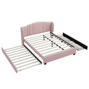 <b>Queen</b> Size Upholstered Platform Bed with Wingback <b>Headboard</b> & Twin Trundle 2 Drawers Linen Fabric No Box Spring Needed - Product Image 5
