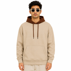 Custom Two Tone Men <b>Hoodies</b> Beige Brown Cotton Fleece Relaxed Fit Y2K <b>Trendy</b> Hoodie Plain Autumn Winter Streetwear Private Label - Product Image 1