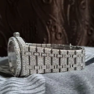 Haute vente 41mm affaires Hip Hop montre diamant naturel laboratoire Moissanite bracelet en cuir blanc bande en acier inoxydable verre saphir - Product Image 1