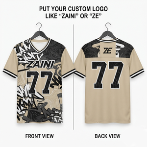 เสื้อฟุตบอลอเมริกันชาย 180 GSM ผ้าโพลีเอสเตอร์อินเตอร์ล็อคคุณภาพพรีเมียม สีเบจ-ดำ ดีไซน์แผงแบบซับลิเมชั่น พิมพ์ลายตามสั่ง ปักลาย Hea - Product Image 1