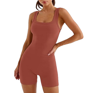 Trendy Rust Brown Biker Short Yoga Jumpsuit One Shoulder Adjusted <b>Strap</b> Sport Romper - Product Image 3
