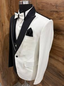 Costume de smoking 3 pièces pour homme, noir et blanc, sur mesure |   Costume de marié slim fit |   Blazer de soirée formel à revers châle, sur mesure - Product Image 3