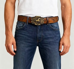 Vintage Western PU Leather <b>Belt</b> Embossed <b>Cowboy</b> <b>Belt</b> Plate <b>Buckle</b> Brown Casual Jeans Wear - Product Image 5