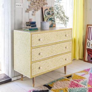 Commode à 3 tiroirs de style mid-century avec motif géométrique jaune moderne, meuble de rangement pour chambre à coucher et salon - Product Image 1