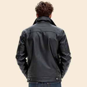Men Black Lambskin Leather <b>Jacket</b> High Collar <b>Slim</b> <b>Fit</b> Street Style - Product Image 2
