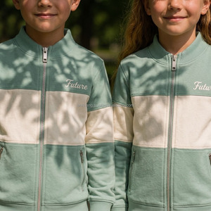 Ensemble uniforme scolaire pour enfants, veste zippée et pantalon en coton vert French Terry avec logo brodé pour élèves du primaire - Product Image 3