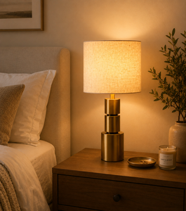 KS International Modern Brass <b>Table</b> Lamp Eco-Friendly Fabric Drum Shade White Halogen Bulbs AC Powered Desktop <b>Bedside</b> Reading - Product Image 2