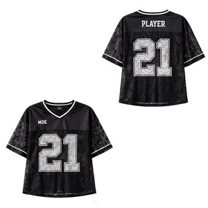 Maillot de football américain noir en dentelle pour femme, col en V, maille transparente, manches courtes, t-shirt personnalisé avec numéro, coupe oversize, haut de sport pour le jour du match - Product Image 2