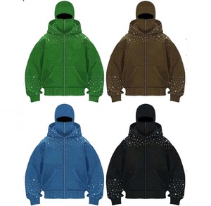 Cagoule à capuche Y2K pour homme avec logo personnalisé OEM, double fermeture éclair, masque de ski, applique en strass, polaire épaisse en coton, grandes tailles - Product Image 5
