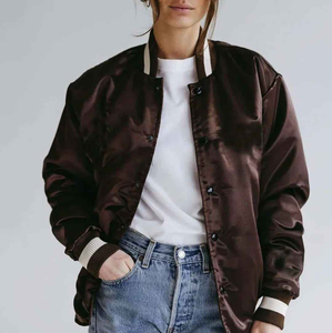 Oversized Satin Varsity Bomber <b>Jacket</b> Unisex Snap Button Stripe Rib Knit Collar Streetwear Custom OEM Wholesale Supplier - Product Image 6