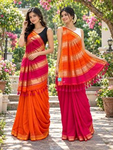 Sari en coton Khadi tissé à la main, élégant, artisanal, durable, imprimé traditionnel, léger, pour usage quotidien et festif, design de créateur - Product Image 5