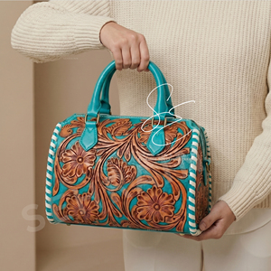 Turquoise Accent Real Leather Mini Duffle Bag Tooled Leather Western Cowgirl Purse 2026 Trendy Medium Cowhide Embossed Speedy - Product Image 2