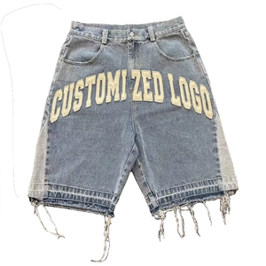 Wholesale Custom Embroidered <b>Patches</b> Raw Hem Cut Edge Distressed Streetwear Cargo Denim <b>Shorts</b> for - Product Image 1