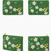 Dompet & Tas Koin Serbaguna Gaya Boho Vintage dengan Bordir Bunga Berhias Manik-Manik Buatan Tangan Mewah, Penutup Ritsleting Nilon, Lapisan Katun, Hadiah