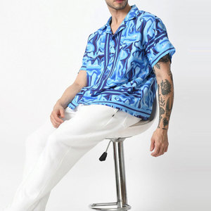 Chemise hawaïenne à manches courtes pour homme, imprimé abstrait bleu, col rabattu, respirante, pour les vacances d'été, chemise de plage hawaïenne - Product Image 5