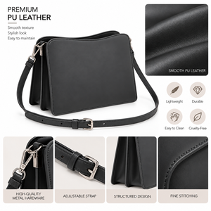 <b>Black</b> PU Leather Crossbody Shoulder <b>Bag</b> Water-Resistant Single <b>Strap</b> Zipper Closure Lightweight Women's Purse for Daily Travel - Product Image 5