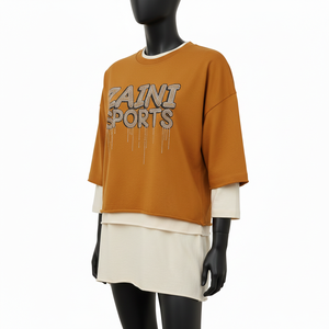 T-shirt oversize en jersey de coton double couche pour femme, style streetwear, avec logo en strass thermocollé, chemise double couche en coton pour femme - Product Image 4