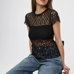 Haut court noir en dentelle à manches courtes pour femme, col en V, couleur unie, sexy, ample, 100 % coton, anti-boulochage, printemps-été - Product Image 3