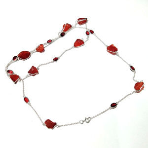 Collier Statement Bohème en Corail Rouge Naturel et Grenat, Perles en Argent Sterling 925, Pierre Brute Faite à la Main, Longue Chaîne, Bijoux Certifiés - Product Image 6