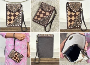 OEM Luxury Wholesale Hand Tooled Genuine Cowhide Leather Mobile Bag with <b>Wristlet</b> Factory Price Fashionable Mini Bag for Unisex - Product Image 3