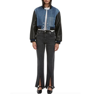 Women Patchwork <b>Denim</b> Cropped Bomber <b>Jacket</b> Faux Leather Sleeve Varsity Baseball <b>Jacket</b> Streetwear Casual Vintage Style Coat - Product Image 5