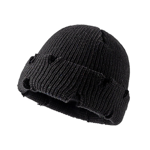Cream Ripped Knit <b>Beanie</b> Hat Unisex Winter Cuffed <b>Slouchy</b> Cap Casual Solid Embroidered & Customized OEM Designs <b>Beanies</b> ODM - Product Image 3