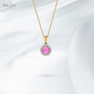 Verified Supplier 14k <b>Solid</b> <b>Gold</b> Genuine 4mm Round Cut Pink Sapphire & Diamond Halo <b>Pendant</b> Wholesale Customized <b>Pendant</b> For Mom - Product Image 5
