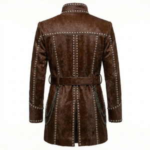 Custom Mens Brown Hairon <b>Leather</b> <b>Jacket</b> Supplier Wholesale Studded Longline Cowhide Outerwear Factory Exporter Manufacturing - Product Image 2