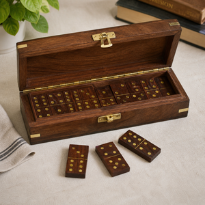 Handmade Indian Rosewood Dominoes Box with 28 Dominoes | Brass Inlay Wooden Storage Case | Luxury Game Gift Set Organizer - Product Image 2