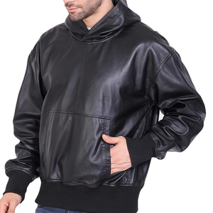 Chaqueta de cuero para hombre, estilo bomber, con capucha, de piel auténtica, informal, estilo urbano, con cremallera, a la moda, al por mayor - Product Image 1