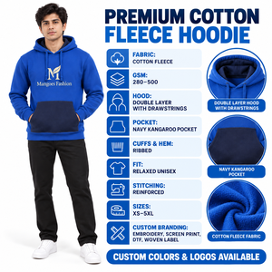 เสื้อฮู้ดผู้ชายสีน้ำเงินทรงโอเวอร์ไซส์ ผ้าฝ้ายฟลีซ 100% กันน้ำ ระบายอากาศดี มีกระเป๋า ดีไซน์ลำลอง ใส่ได้ทั้งฤดูใบไม้ร่วงและฤดูหนาว กำลังฮิต - Product Image 6